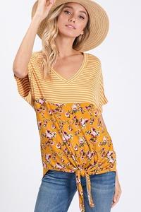 Stripe and flower color block top with self tie