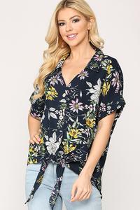 Floral Printed Button Down Front Tie Top