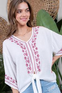 V Neck 3/4 Sleeve Front Tie Detail Embroidered Top
