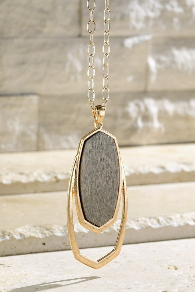 Wood ellipse shape pendant and metal long chain necklace