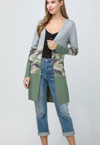 Long cardigan with camo color blocking