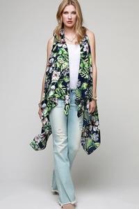 Navy floral and tropical leaf kimono