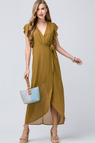 Olive wrap maxi dress featuring flutter sleeves