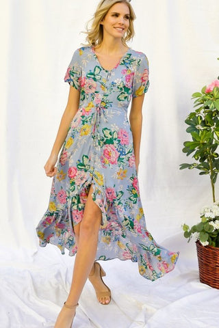 Short Sleeve Floral print Ruffle Maxi Dress