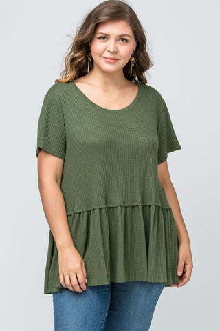 Plus Size Olive green waffle weave ruffle top